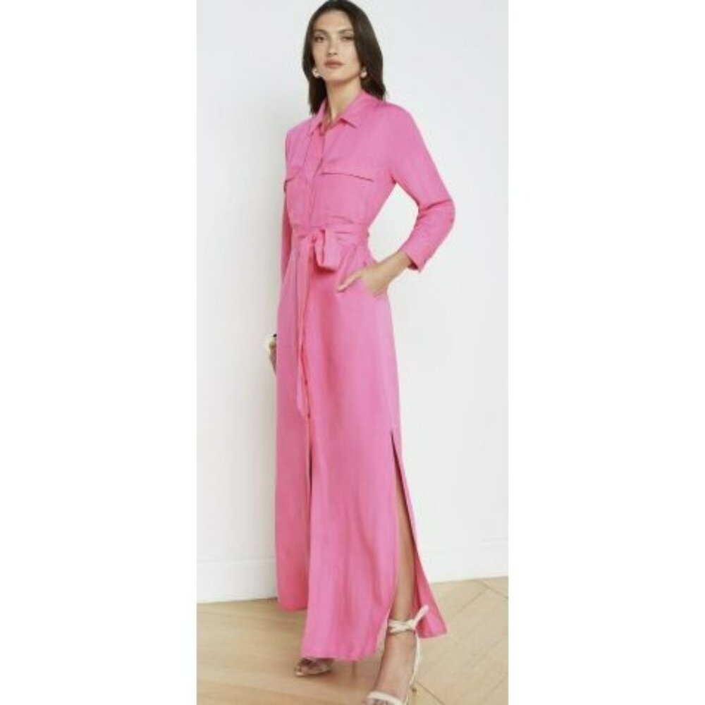 L'agence $450 Cameron Belted Pink Linen Maxi Shirt Dress Medium Nwt